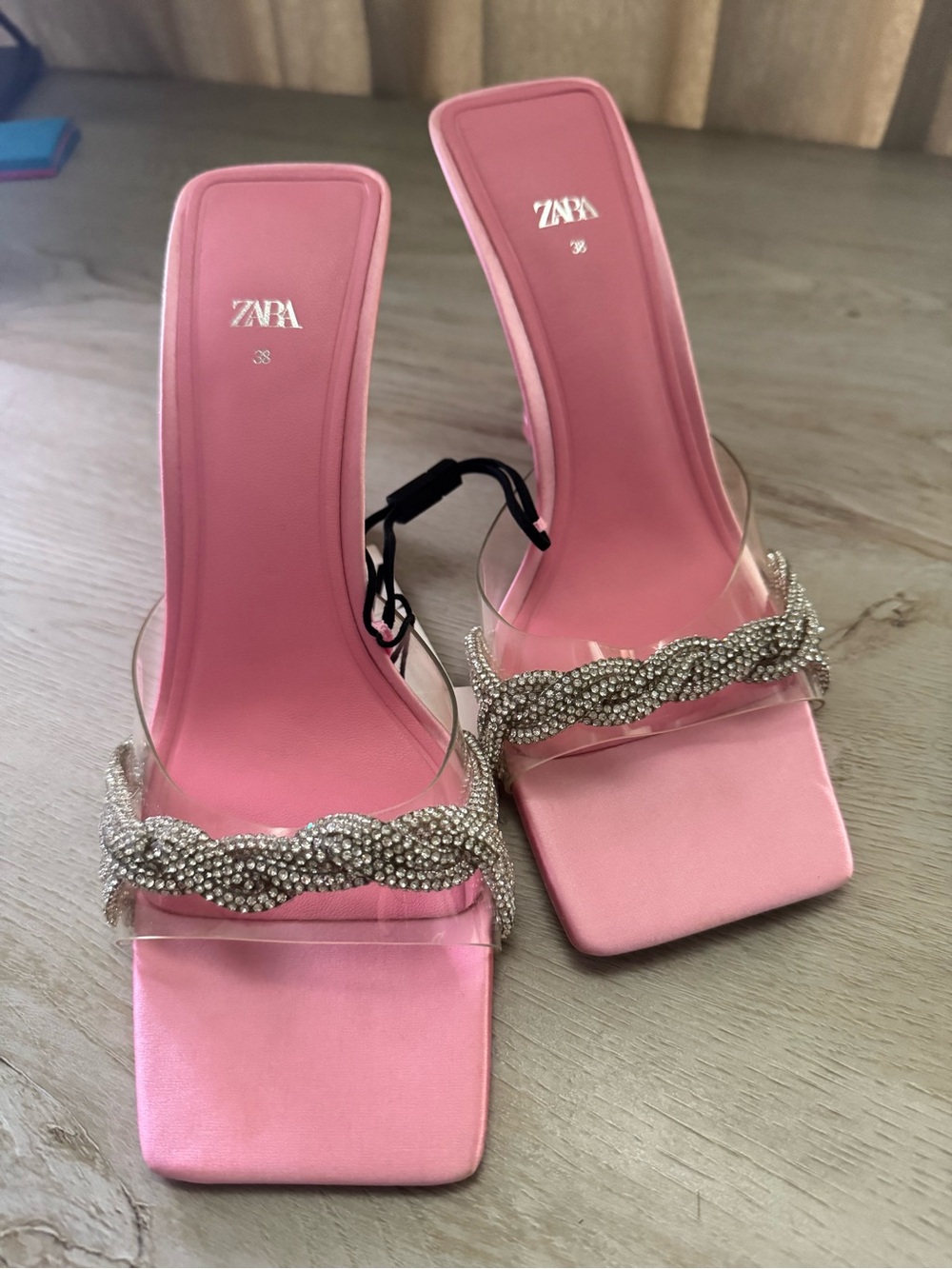 Zara Pink Satin Slide Heels with Crystal Braided Strap